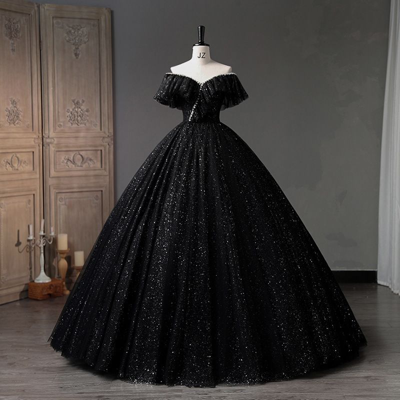 Elegant Off-Shoulder Black Evening Dress With V-Neck – Slim A-Line Gown For Performances, Galas & Special Occasions (XS-XXXL)_ecoleips.com