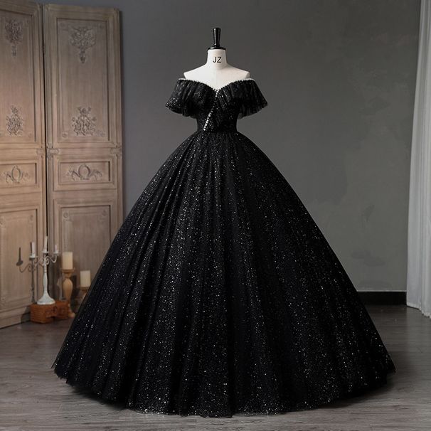 Elegant Off-Shoulder Black Evening Dress With V-Neck – Slim A-Line Gown For Performances, Galas & Special Occasions (XS-XXXL)_ecoleips.com