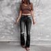 Women's Clothing Autumn And Winter New High Waist Elastic Raw Edge Hole Fashion Bell Bottom Pants Jeans_ecoleips.com