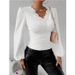 Elegant V-Neck Lace Trim Blouse For Women - Long Sleeve Floral Lace Patchwork Shirt, Breathable Polyester, Slim Fit, Spring & Autumn Essential_ecoleips.com