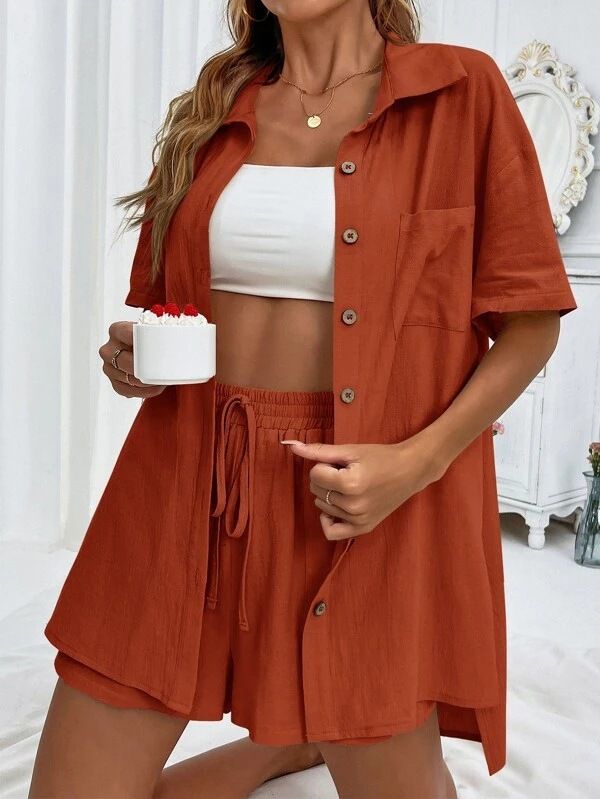 Women's Clothing Fashion Shorts Two Piece Solid Color Shirt Suit Casual Loose Short Sleeve Single Breasted_ecoleips.com