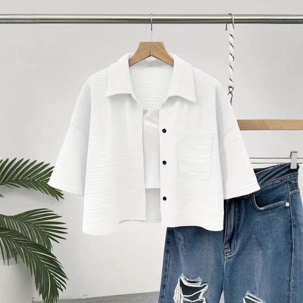 2026 Women's Shirt Solid Color Button Pocket Short Mid-Sleeve Shirt_ecoleips.com