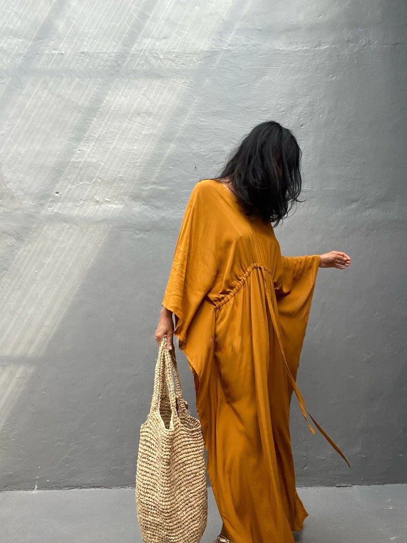 Women's Lightweight Rayon Beach Cover Up Dress - Sun Protection Long Sleeve Wrap Dress With Drawstring, Plus Size Loose Fit, For Swimwear_ecoleips.com