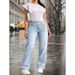 Women's Casual Light Blue Washed Overlap Waist Loose Straight Leg Jeans Denim Pants_ecoleips.com