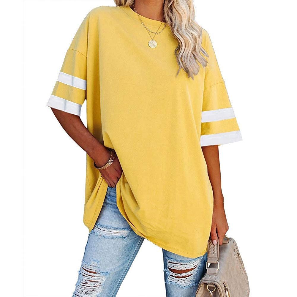 2025 Women's Loose Half Sleeved Round Neck Contrasting Color Waistband Plus Size Fat T-shirt For Women_ecoleips.com