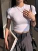 Spring And Summer New Tight Shoulder Small Crew Neck Short-sleeved T-shirt Women Slim Fold Wear High Waist Short Open Button Spice Girl Top_ecoleips.com