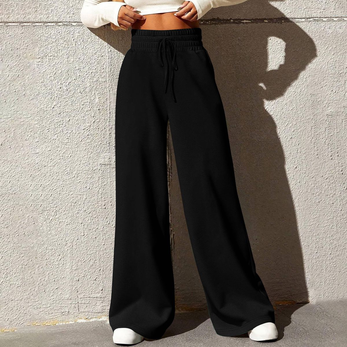 Solid Color High-Waisted Drawstring Women's Fall/Winter 2024 New European And American Style Loose Straight Pants_ecoleips.com