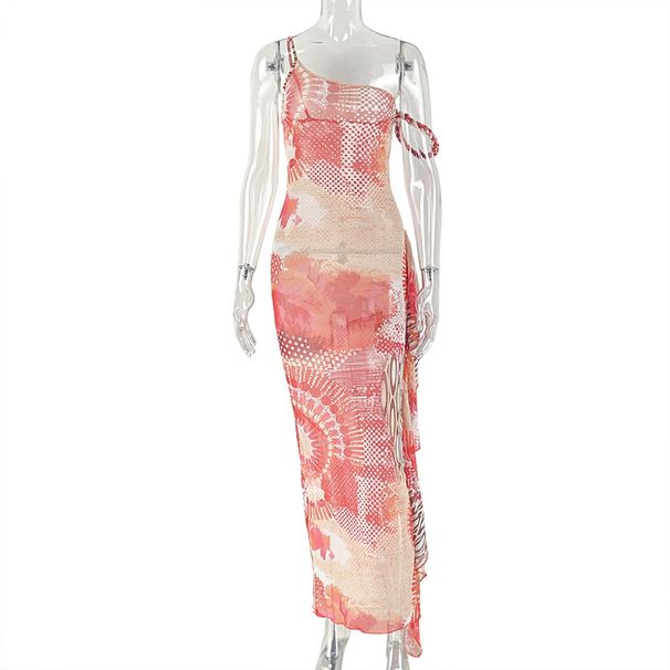 Women's Printed Slimming Bodycon Dress European American Style Asymmetrical Neck Sleeveless Strapless Long Dress_ecoleips.com