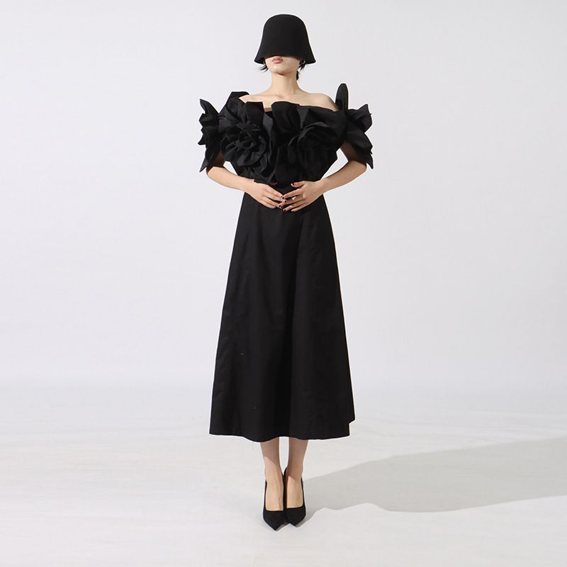 Women's Clothing Spring Style Beach Themed Maxi Dress Women's Off Shoulder Design Three Dimensional Floral Pattern Fitted Waist_ecoleips.com