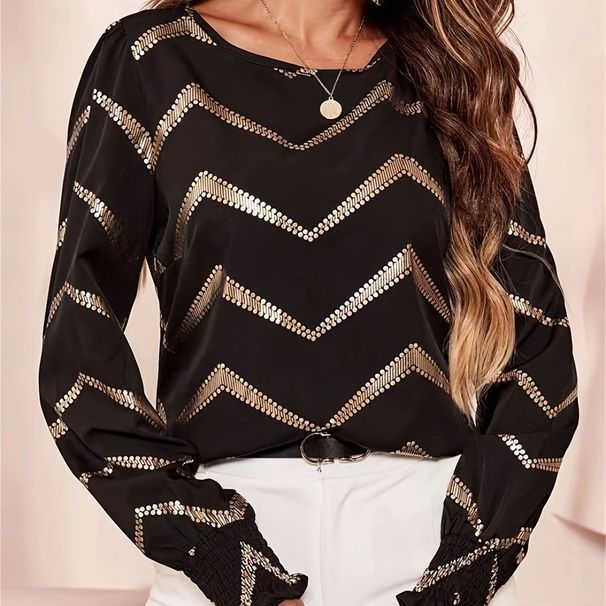 Women's round Neck Long Sleeve Shirt Casual Ruffled Gold Foil Print Top for Spring And Autumn Independent Website European And American Style_ecoleips.com
