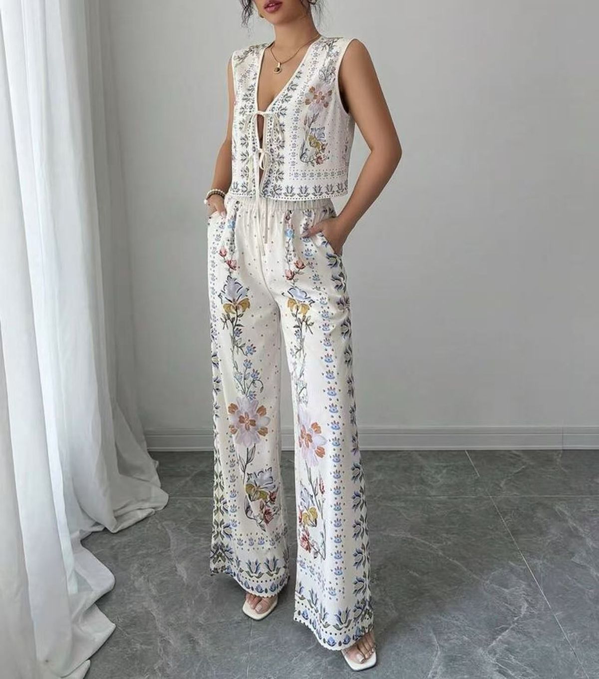 Women's Clothing Summer New Products Fashionable Sexy Loose Lace Vest Top Wide Leg Trousers_ecoleips.com