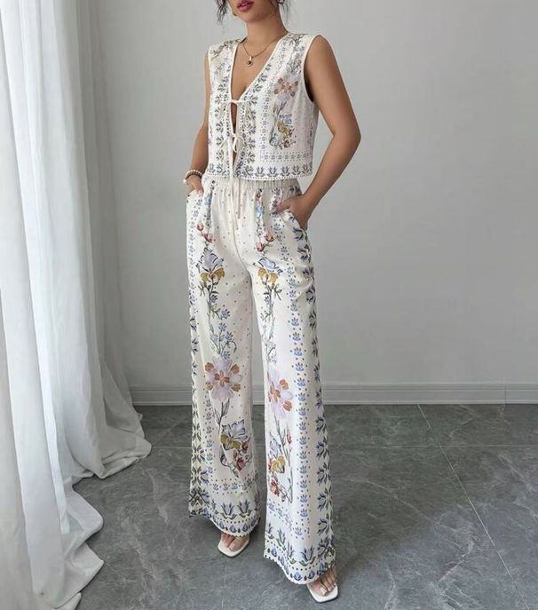 Women's Clothing Summer New Products Fashionable Sexy Loose Lace Vest Top Wide Leg Trousers_ecoleips.com