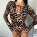 "V-Neck Leopard Print Jumpsuit With Tie Detail - Long Sleeve High-Waisted Bodysuit For Women, Stretchy Polyester Blend,_ecoleips.com