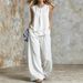 Women's Elegant Sleeveless Solid Color Top And Wide Leg Pants Set_ecoleips.com