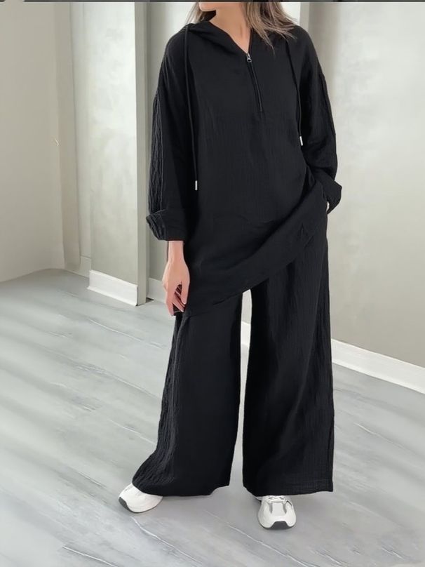 Oversized Hooded Half-Zip Top & Wide-Leg Pants Set – Relaxed Two-Piece Outfit For Women_ecoleips.com