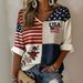 Women's Long Sleeved T-Shirt Loose Fit V-Neck American Flag Digital Print Casual Top for Wholesale_ecoleips.com