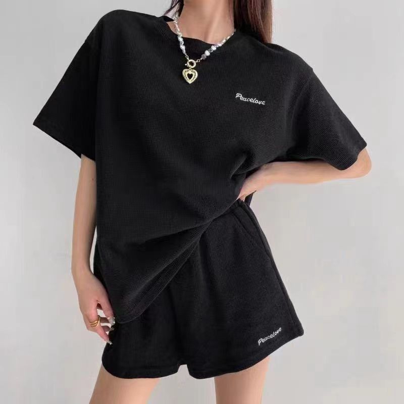 Women's Clothing Summer Casual Sports Two Piece Set For Women Wide Leg Shorts Short Sleeve Loose Fashion Waffle Style Embroidery_ecoleips.com