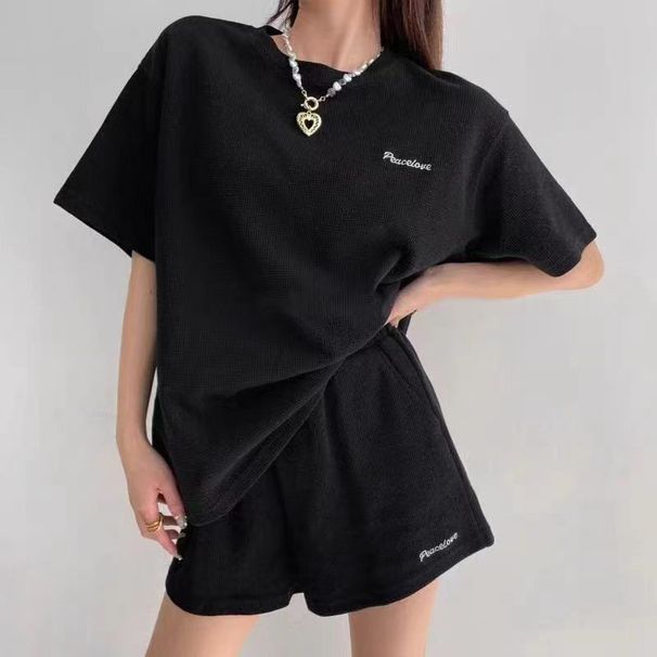 Women's Clothing Summer Casual Sports Two Piece Set For Women Wide Leg Shorts Short Sleeve Loose Fashion Waffle Style Embroidery_ecoleips.com
