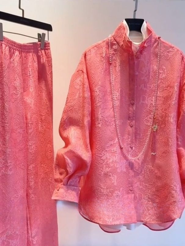 Chinese Style Women's Spring Set Rose Red High End Fashionable Youthful Elegant Two Piece Shirt And Pants Ensemble_ecoleips.com