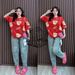 Bear Print Short Sleeve & Faux Denim Print Pants Set - Loose Fit Two Piece Outfit For Women Comfortable Loose Fit_ecoleips.com