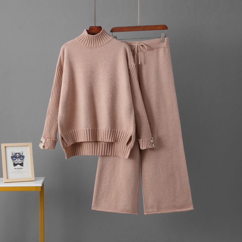 Women's Winter Knitted Sweater Set Fashionable Temperament Lazy Style Tops And Wide Leg Pants Two-Piece Suit European American Inspired_ecoleips.com