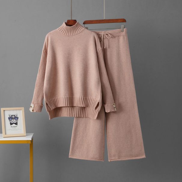 Women's Winter Knitted Sweater Set Fashionable Temperament Lazy Style Tops And Wide Leg Pants Two-Piece Suit European American Inspired_ecoleips.com