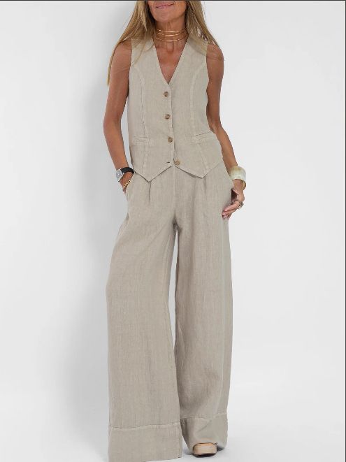 Women's Clothing Women's Casual Fashion Patchwork Cotton Linen Pant Set V Neck Vest Trousers European American Style_ecoleips.com
