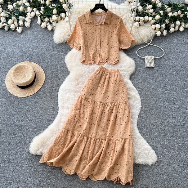 Pink Openwork Lace Two Piece Set for Women Short Sleeved Sophisticated High Waisted Slimming Summer Resort Style Commuting Suit_ecoleips.com