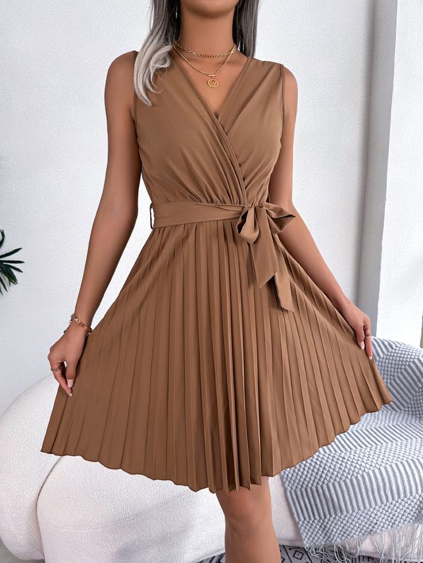 Real Shot European And American Spring Summer Elegant Cross V-neck Sleeveless Waist Pleated Dress Independent Foreign_ecoleips.com