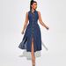 K Women's Open Cut Sleeveless Waist Cinched New Denim Dress_ecoleips.com
