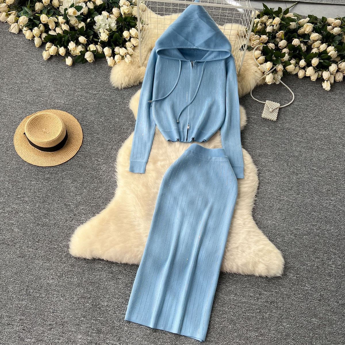 Elegant Winter Women's Outfit Set With Rhinestone Hooded Zip-Up Sweater & Bodycon Skirt, Fashionable Knitwear For Fall & Winter_ecoleips.com