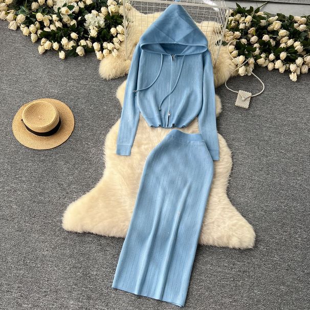 Elegant Winter Women's Outfit Set With Rhinestone Hooded Zip-Up Sweater & Bodycon Skirt, Fashionable Knitwear For Fall & Winter_ecoleips.com