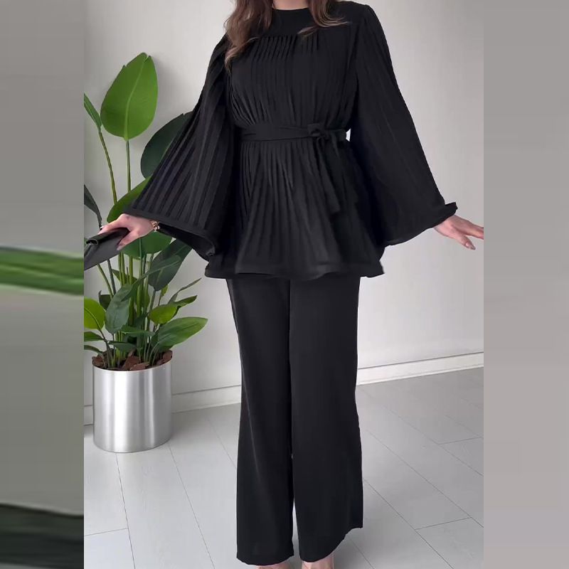 Women's clothing round neck bat sleeve pleated large swing top temperament elegant suit_ecoleips.com