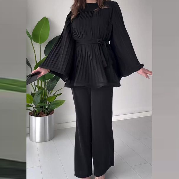 Women's clothing round neck bat sleeve pleated large swing top temperament elegant suit_ecoleips.com