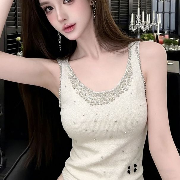 2026 Summer New Style Heavy Beaded Rhinestone Embellished Knit Tank Top Women, Suitable For Layering Or Wearing Alone,_ecoleips.com