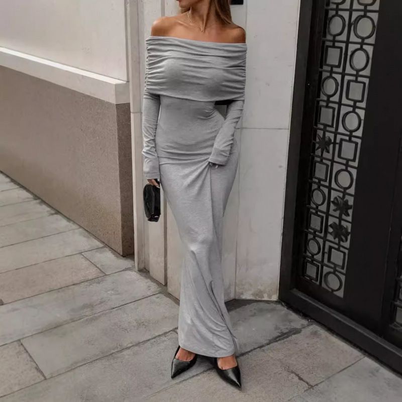 Autumn/Winter French-Style Knit Dress With One-Off Collar, Shoulder-Exposed Design, Fashionable Silhouette, And Slimming_ecoleips.com