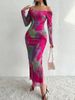 Women's Clothing Printing Pleated Sexy Tight Fitting Slit Square Neck One Line Dress_ecoleips.com