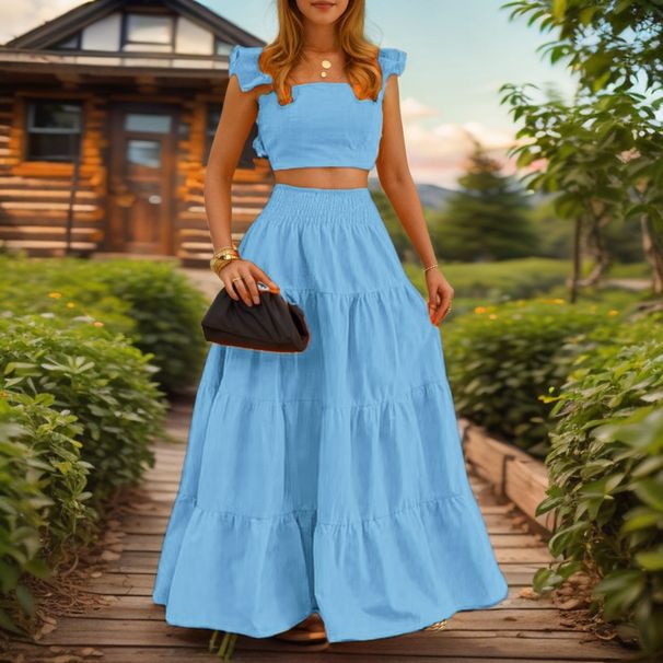 2025 Summer European And American Cross-Border New Style Elegant Sexy Solid Color Mid-Waist Strap Wide Hem Two-Piece Set_ecoleips.com