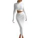 Women's European American Style round Neck Long Sleeve Pant Set Slim Fit Cropped Top And Skirt Combo for Autumn Winter Fashion_ecoleips.com