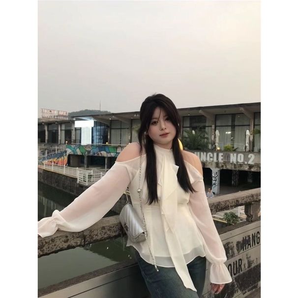 French-style Elegant Long-sleeve Ruffled Irregular Stra Off-shoulder Halter-neck Shirt, Sring Waist-cinching Blouse_ecoleips.com