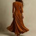 Elegant Button-Down Midi Dress With Notched Collar & 3/4 Sleeves – High Waist Flowy A-Line Skirt – Solid Brown (S-Xxl)_ecoleips.com