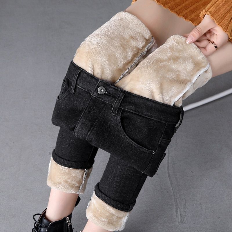 2022 Autumn Winter New Fleece-Lined Jeans For Women Korean Style Slimming Versatile High-Waisted Thickened Skinny Pants_ecoleips.com