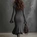 Elegant Knit Fishtail Dress With Zip Collar & Flared Sleeves – Stretchy Polyester Blend For Women’s Fall Wardrobe_ecoleips.com