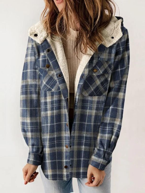 Women's Plaid Fleece Hooded Jacket With Pockets, Long Sleeve Loose Fit Cozy Outerwear For Autumn Winter, Streetwear Fashion_ecoleips.com
