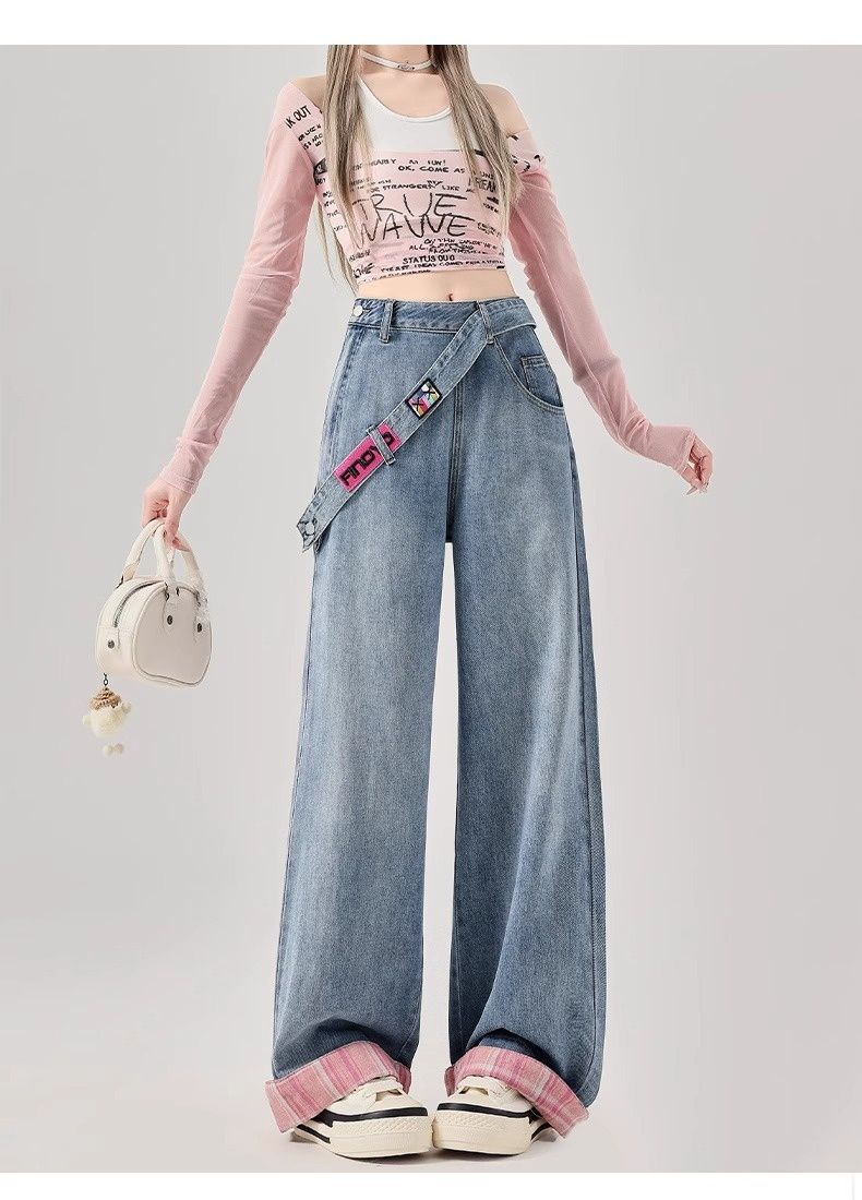 Side Zipper Wide Leg Jean Women 2025 Spring Summer New High Wait Looe American Style Color Block Petite Straight_ecoleips.com