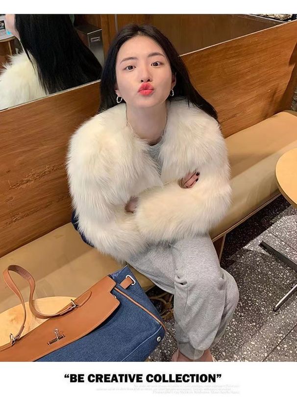 Luxury Faux Fox Fur Coat For Women – Short Plush Jacket In Cream, Pink & Black (S-XL, Soft V-Neck)_ecoleips.com