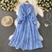 Women's Fitted Waist Dress Heavy Embroidery V Neck Lantern Sleeves Single Breasted Long Dress Autumn Winter 2025_ecoleips.com