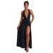 Women's Clothing Temperament Halter Neck V Neck Long Skirt Sexy Slit Pleated Backless Dress_ecoleips.com