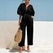 Elegant V Neck Cotton Linen Jumpsuit For Women Solid Color Summer Style Fashionable Romper Europe & America_ecoleips.com