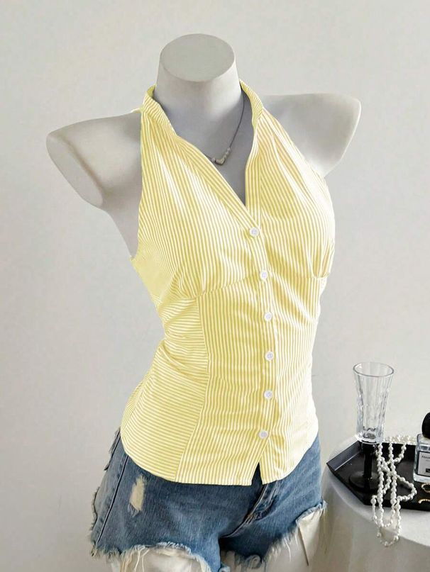 Women's Clothing Cut Shoulder Striped Sleeveless Shirt For Women In Summer Slim Design Niche Short Halter Neck Chiffon Top_ecoleips.com